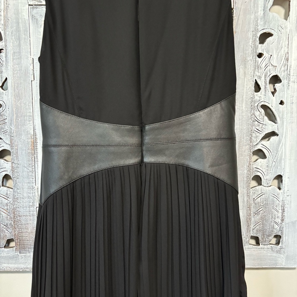 Karen Millen Black Pleated Faux Leather Waist Fit Flare High Neck Mini Dress - Picture 4 of 10